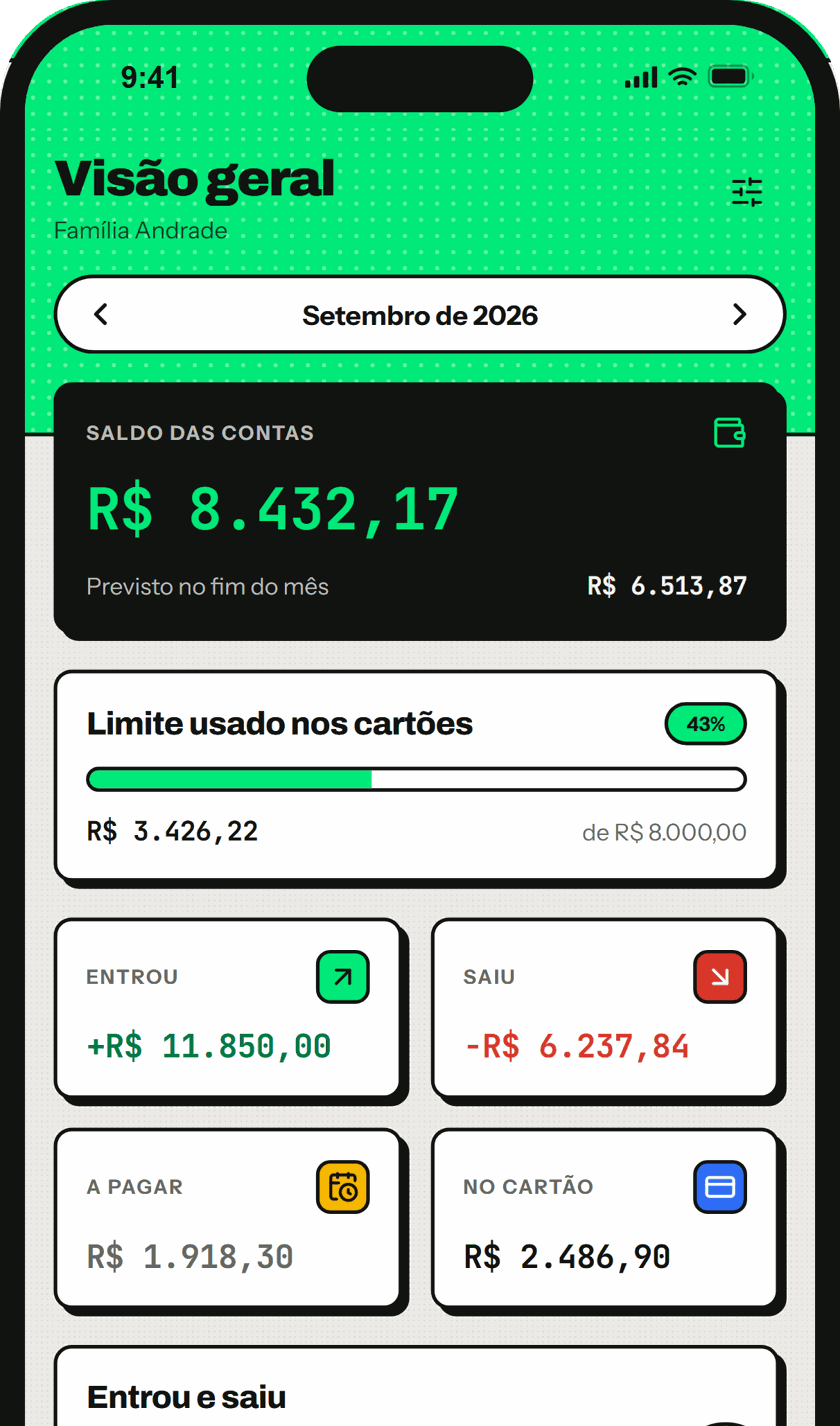 O app do Granumo no iPhone, na tela Visão geral: saldo das contas, limite usado nos cartões e o que entrou e saiu no mês